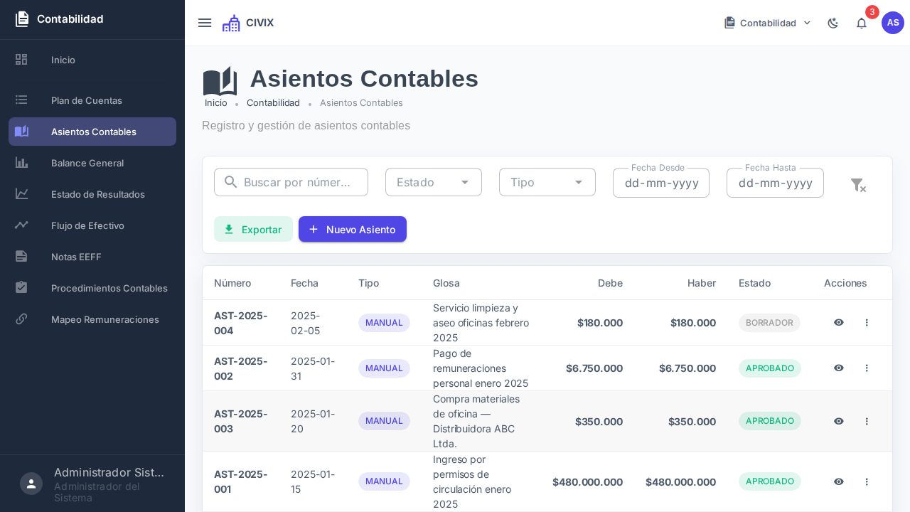 Listado de asientos contables